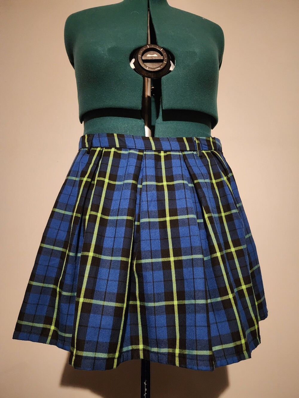 Blue and Green Plaid Pleated Skirt